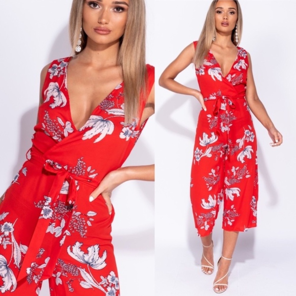 Cali Red Wrap Front Floral Cropped Belted Jumpsuit